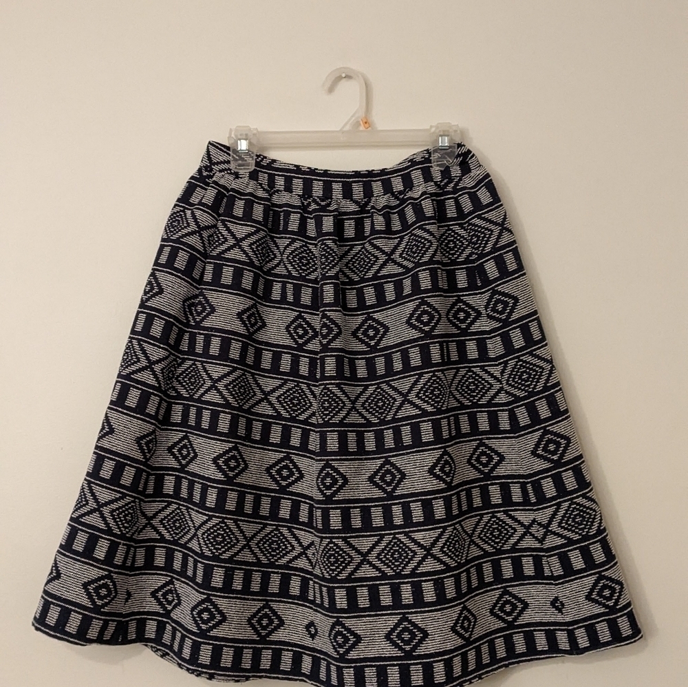 Halogen Midi Skirt with Geometric Pattern Blue & White, Textured Fabric, Size 8